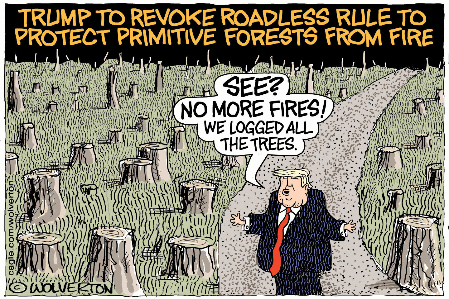 Donald Trump stands on a road that winds through what used to be a forest. All the trees have been cut down and there are only stumps remaining. Trump says, &amp;ldquo;See? No more fires! We logged all the trees.&amp;rdquo;