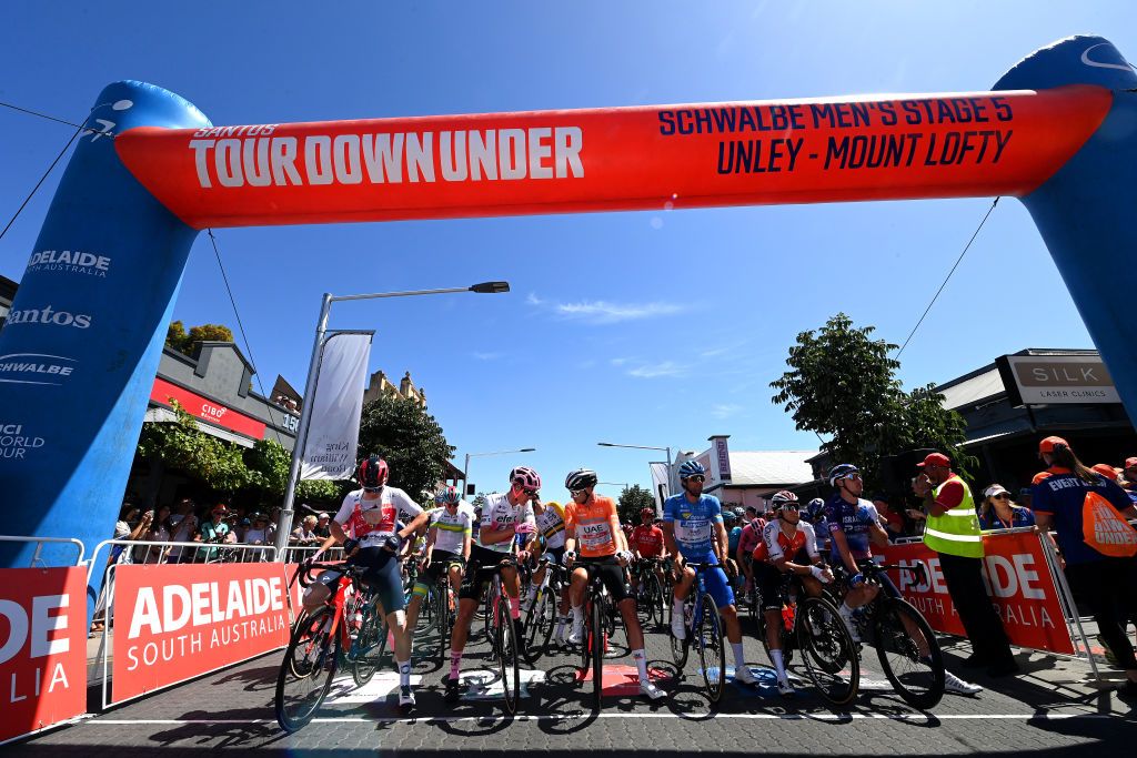 UNLEY AUSTRALIA JANUARY 22 LR Magnus Sheffield of The United States and Team INEOS Grenadiers White Best Young Rider Jersey Mikkel Honore of Denmark and Tam EF Education Easypost Polka dot Mountain Jersey Jay Vine of Australia and UAE Team Emirates Orange Leader Jersey Michael Matthews of Australia and Team Jayco Alula Blue Sprint Jersey Bryan Coquard of France and Team Cofidis and Daryl Impey of South Africa and Team Israel Premier Tech prior to the 23rd Santos Tour Down Under 2023 Stage 5 a 1125km stage from Unley to Mount Lofty 727m TourDownUnder WorldTour on January 22 2023 in Unley Australia Photo by Tim de WaeleGetty Images