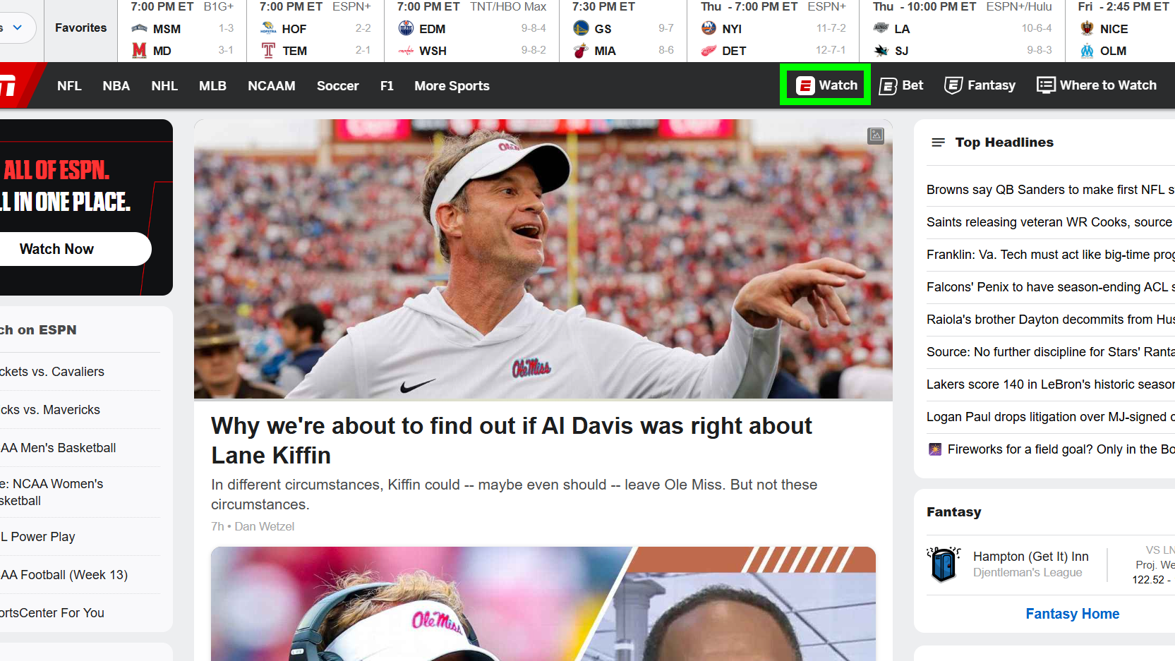 How to add YouTube TV to ESPN Unlimited: Selecting the Watch icon on ESPN.