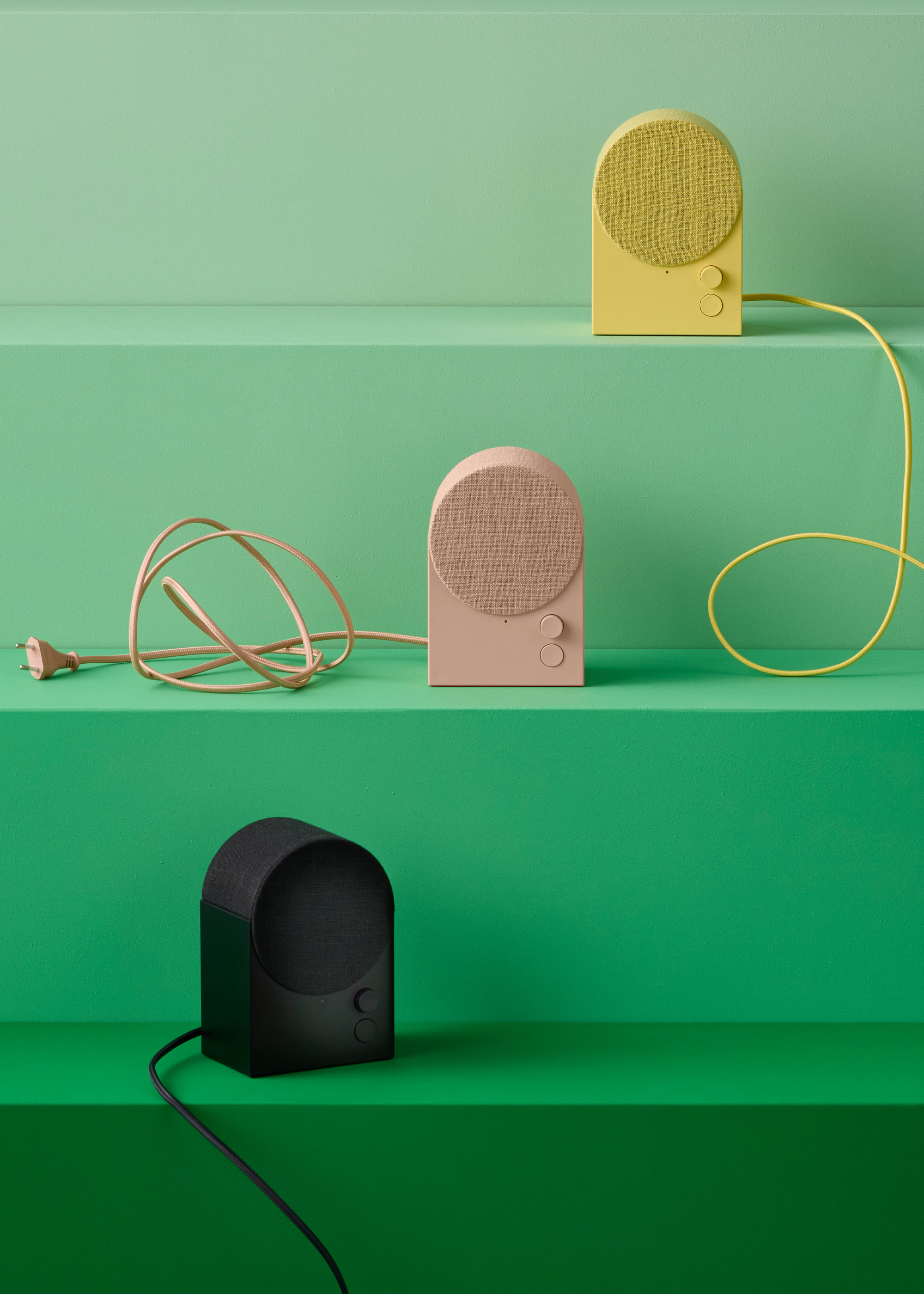 IKEA, NATTBAD Bluetooth Speaker - Pink, Yellow and Black with a green stepped background
