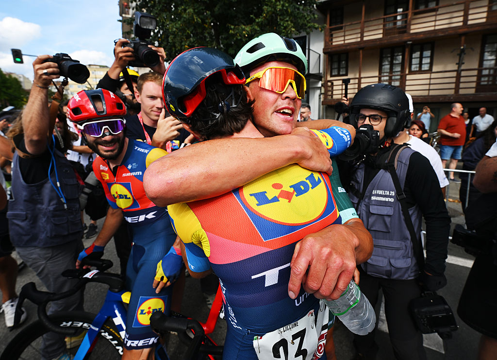 Mads Pedersen celebrates winning stage 15 at the Vuelta a Espa&amp;ntilde;a