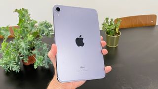 Apple iPad mini 6th Gen review, in hand showing the back of the unit, including the camera