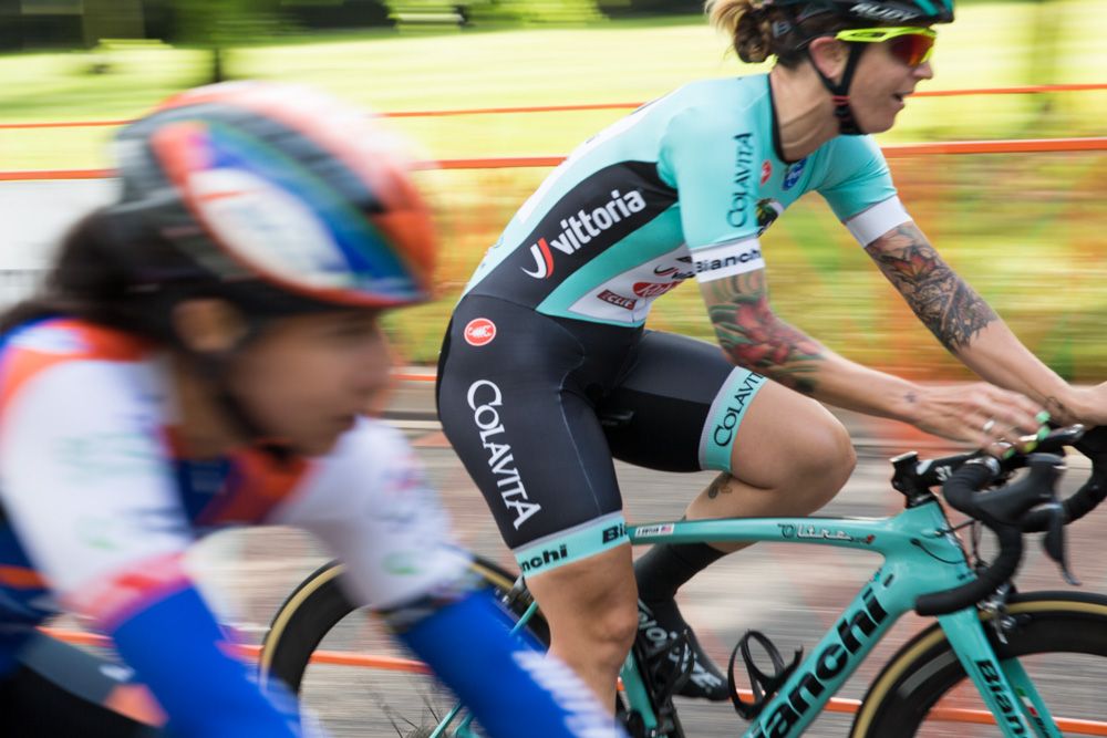 Jessica Cutler (Colavita-Bianchi) passes a rider near the finish of stage 1 at the North Star Grand Prix.