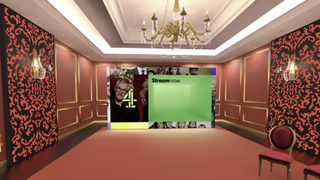 Channel 4 Taskmaster immersive environment with red wallpaper, a golden chandelier and red carpet