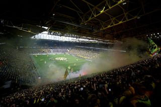 A general view inside the stadium as Borussia Dortmund fans show their support prior to the Bundesliga match between Borussia Dortmund and FC Schalke 04 at Signal Iduna Park on September 17, 2022 in Dortmund, Germany.