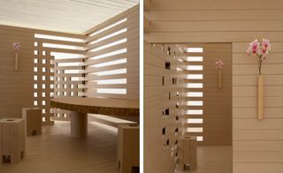 Two side-by-side interior photos of Shigeru Ban's Paper Tea House - a structure made out of paper and cardboard with a cut-out design. The first photo shows a table, stools and a tube-shaped vase on the wall with pink flowers. And the second photo shows partial views of two spaces that both have a tube-shaped vase with pink flowers on the wall