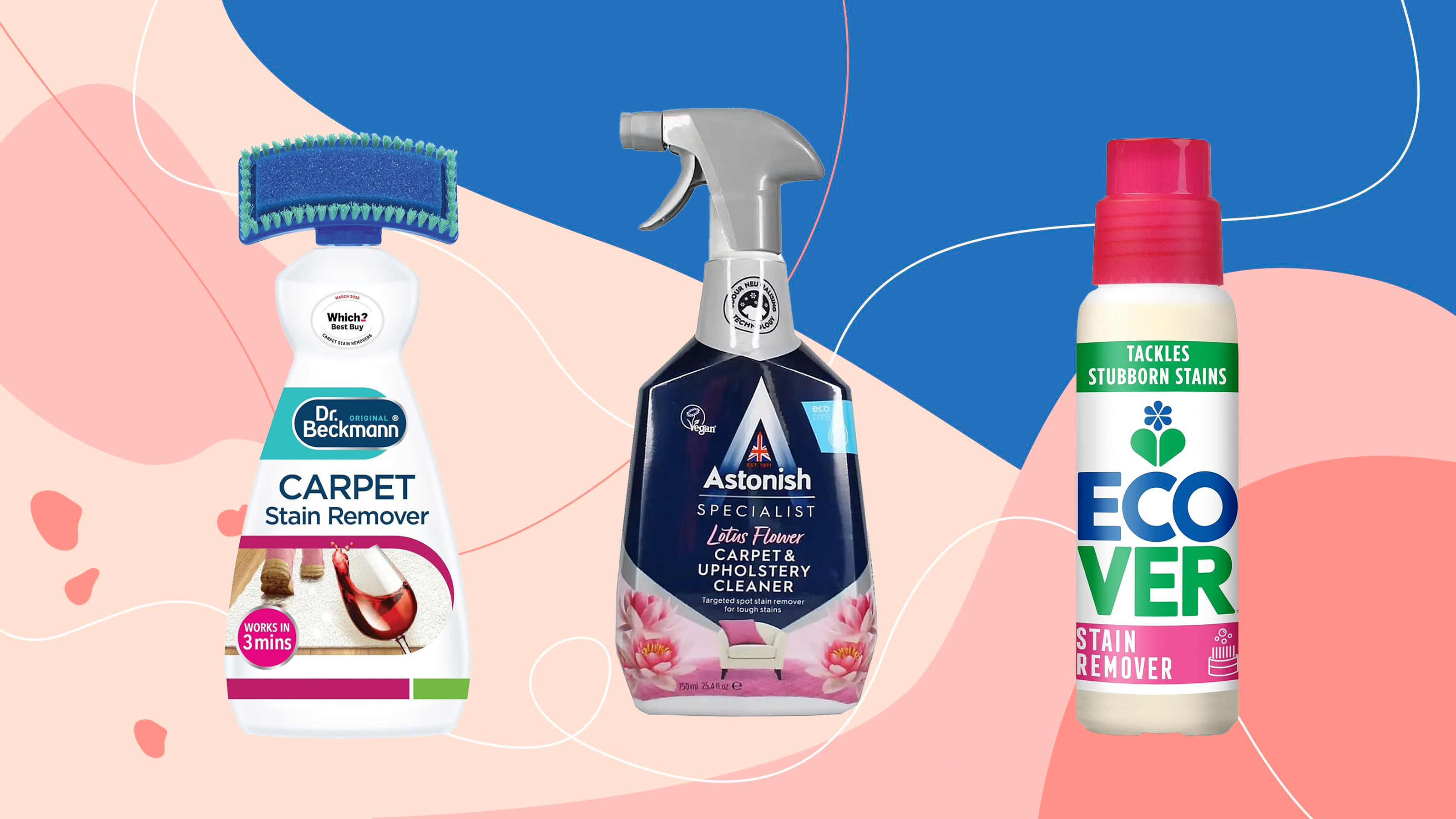 Three upholstery cleaners on a pink and blue background
