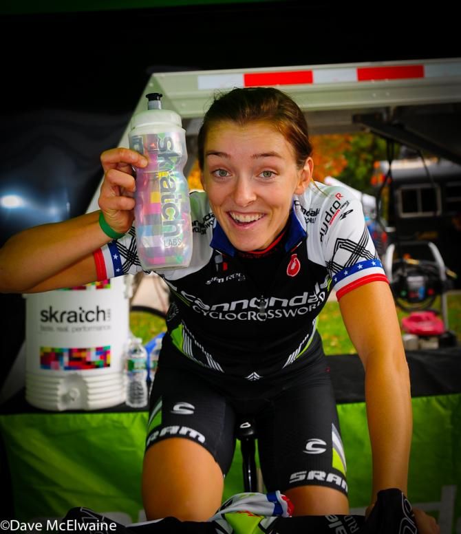 Kaitie Antonneau shows off her new insulated Skratch water bottle while warming up