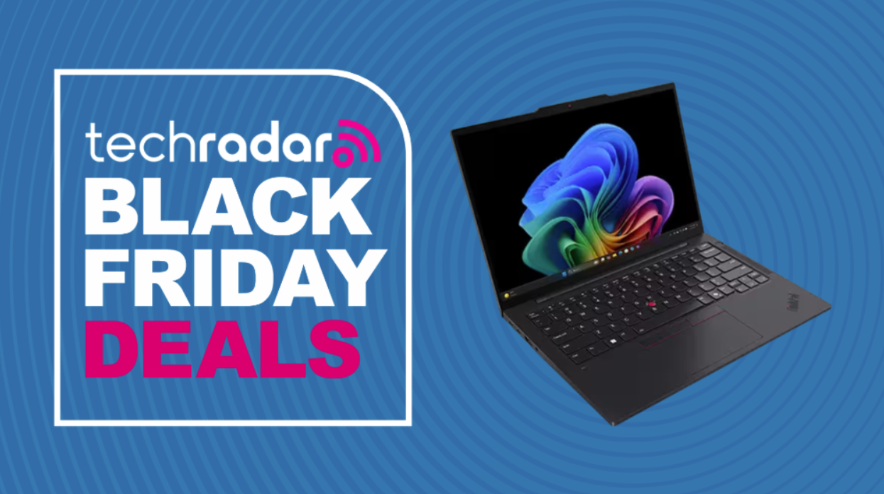 Lenovo ThinkPad T14s on a blue background next to a TechRadar badge reading 'Black Friday deals'