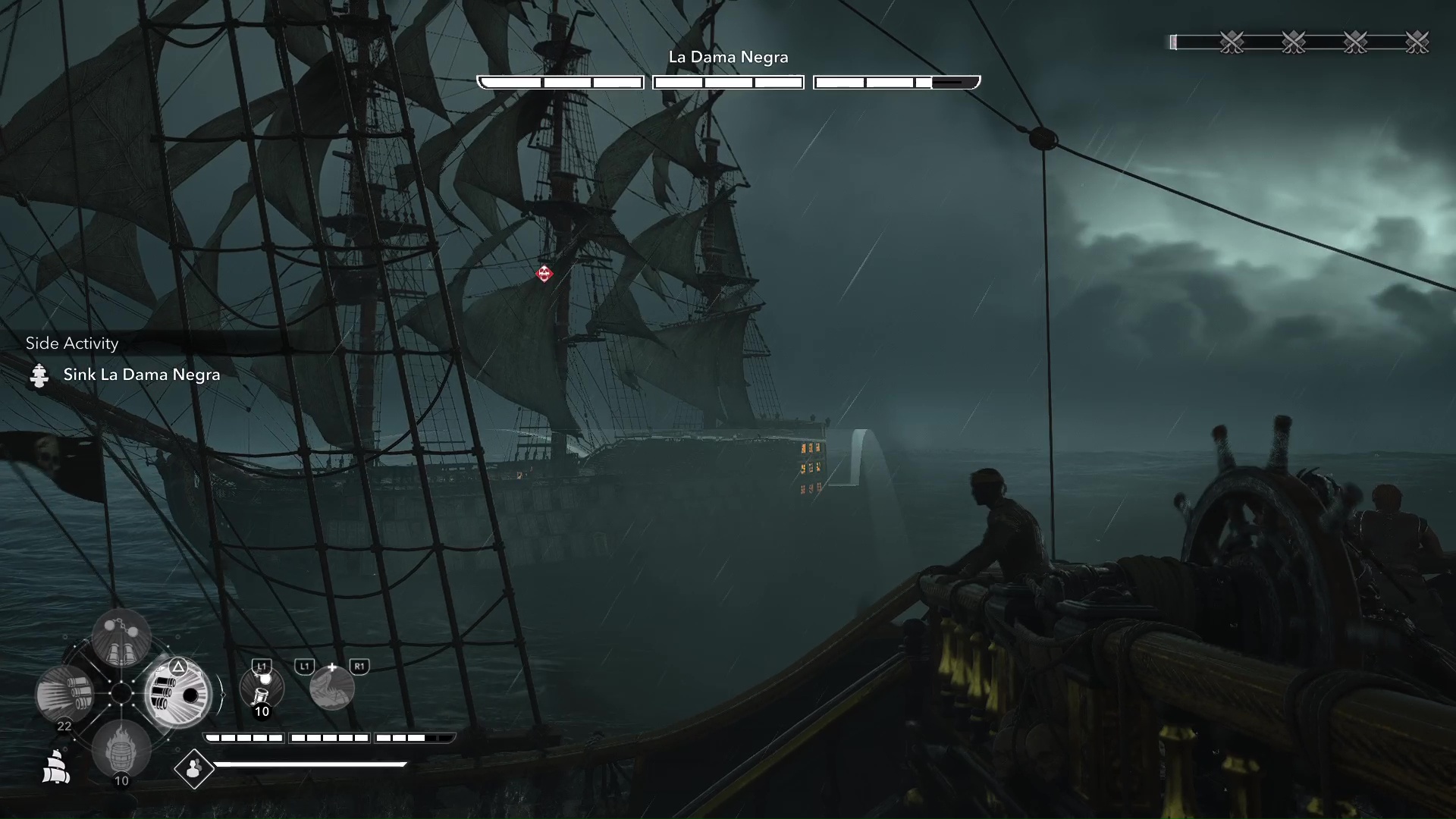Players target the weak point of La Dama Negra, one of the Legendary Ships in Black Flag Resynced