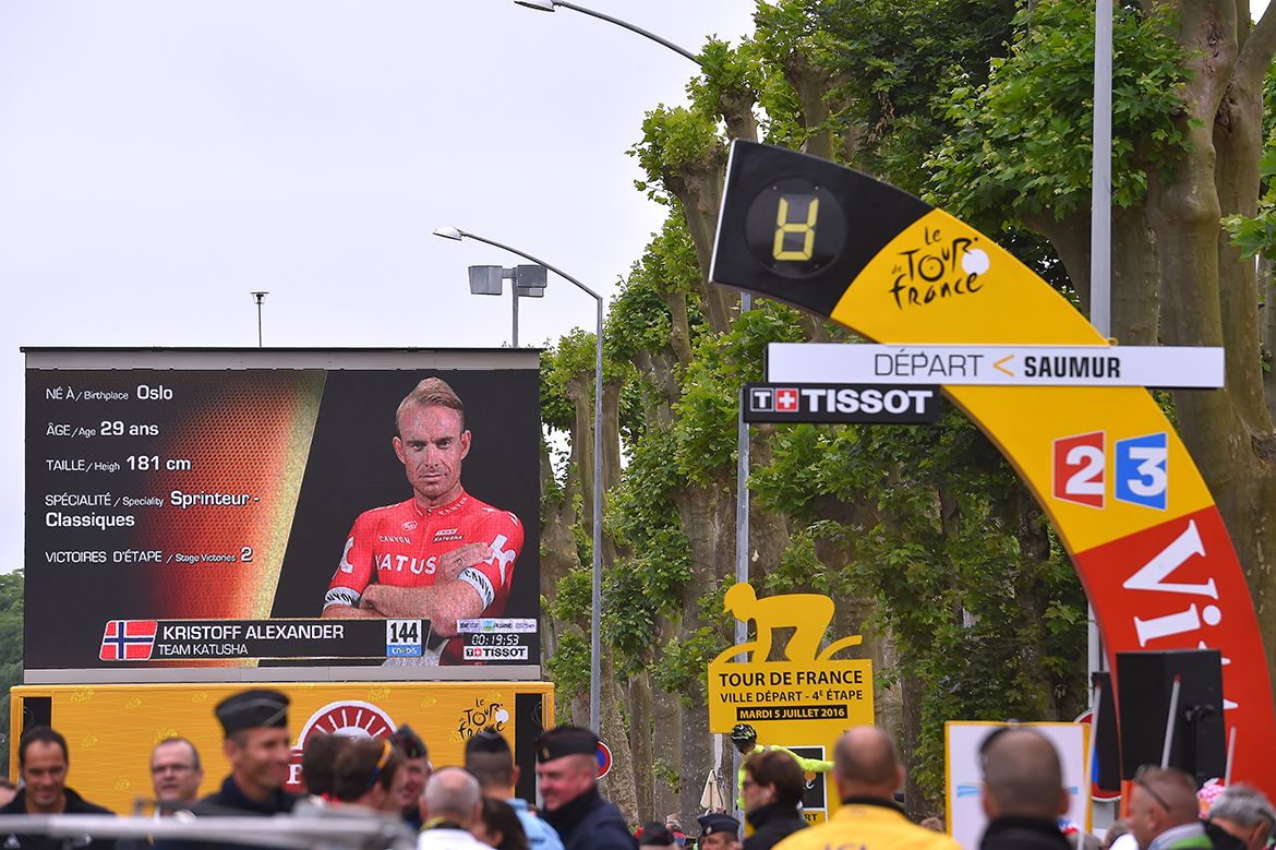 Alexander Kristoff (Katusha) is introduced at the start