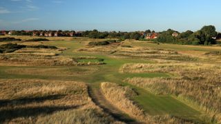 A view from the tee of the par 4, seventh hole for the 2023 Open Championship (this hole plays as the fifth hole on the club routing) at Royal Liverpool Golf Club