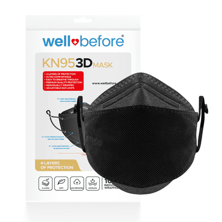Wellbefore Kn95 Respirator Masks, Black, Medium, 4-Ply, Adjustable, 10-Pack, Individually Wrapped
