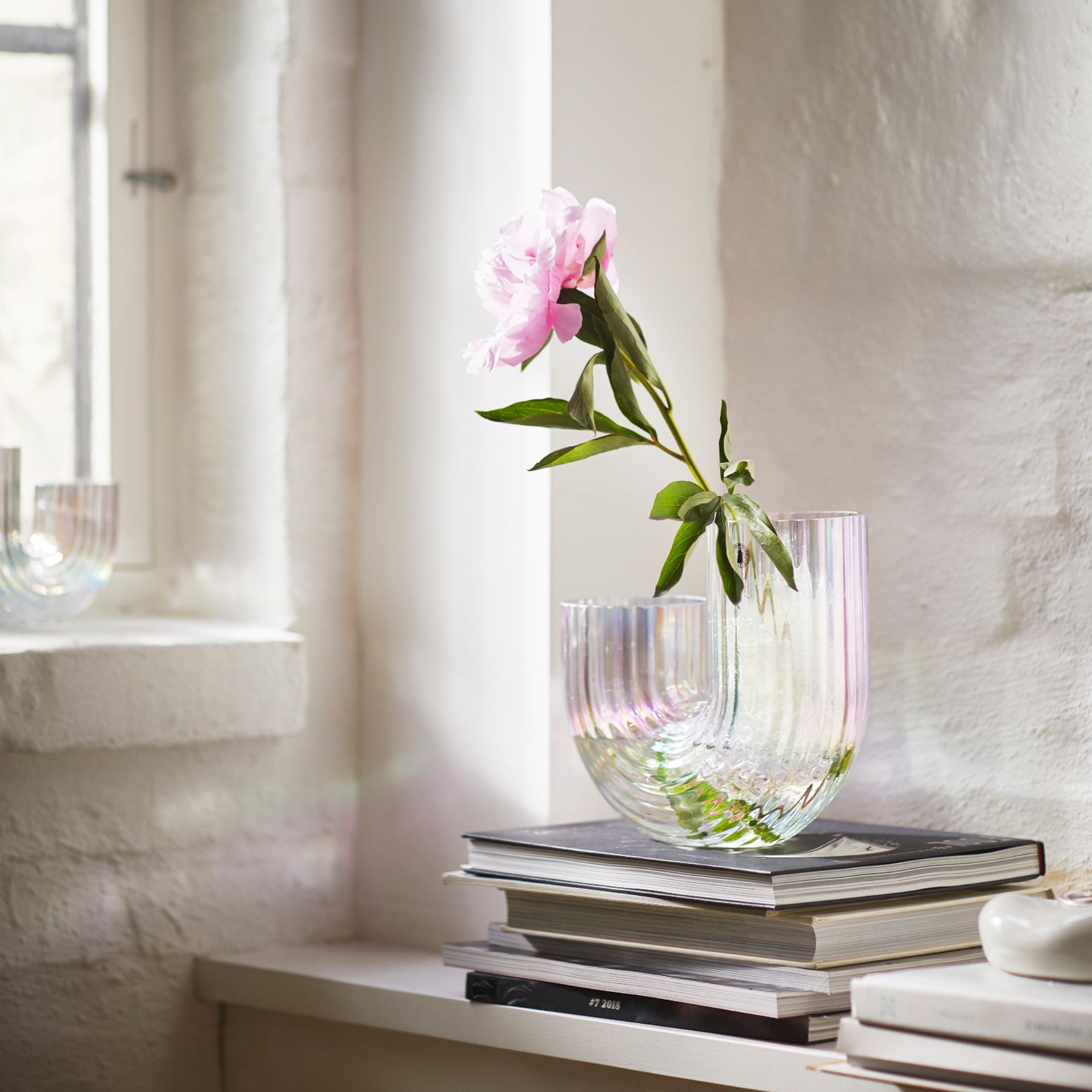 IKEA RAFFELBJORK vase with a single flower, on a side table next to a window