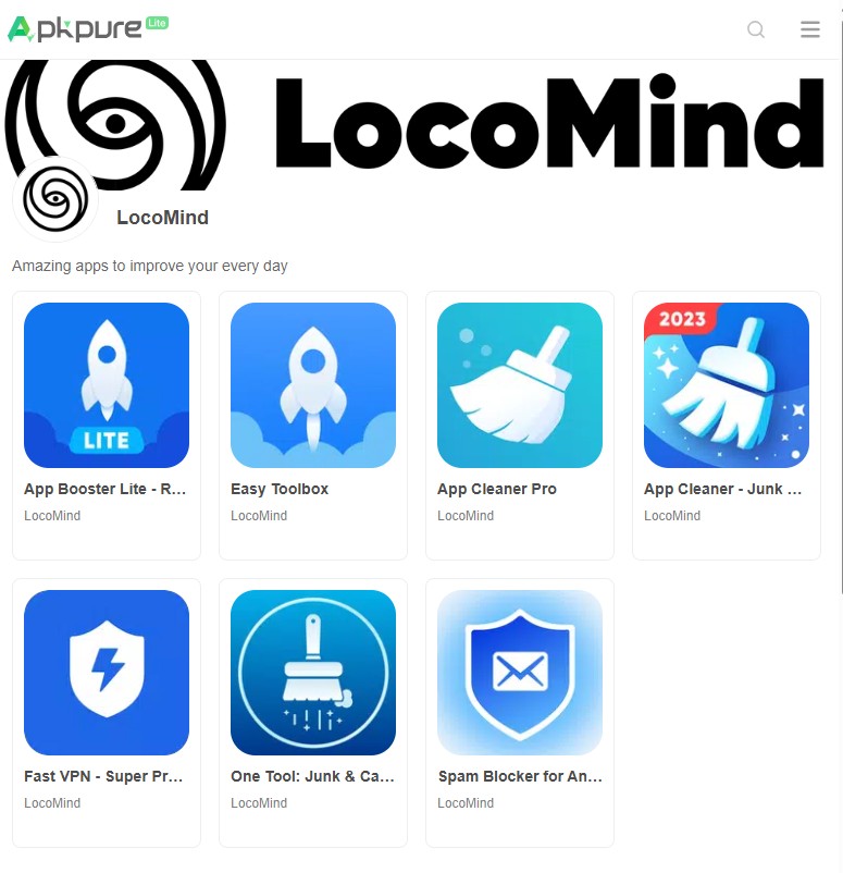 Screenshot taken on August 11, 2025, of LocoMind's applications offered on the APKPure website