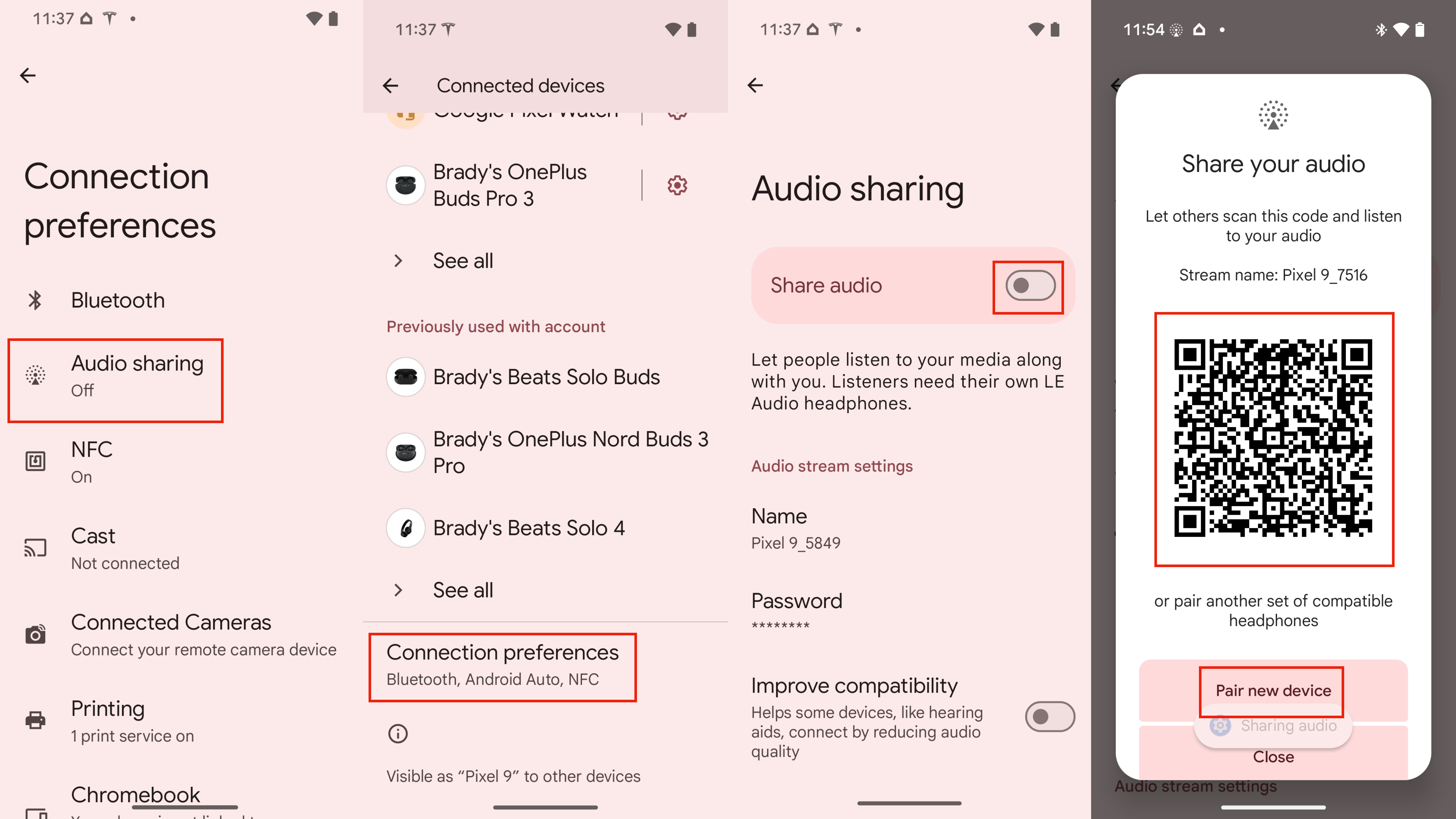 Starting an audio share on Android 16 with a Pixel phone.