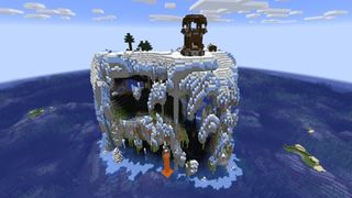 Minecraft seeds - a pillager outpost on a frozen island full of lush caves