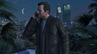 GTA 5's joint protagonist Michael on the phone in front of a city skyline at night