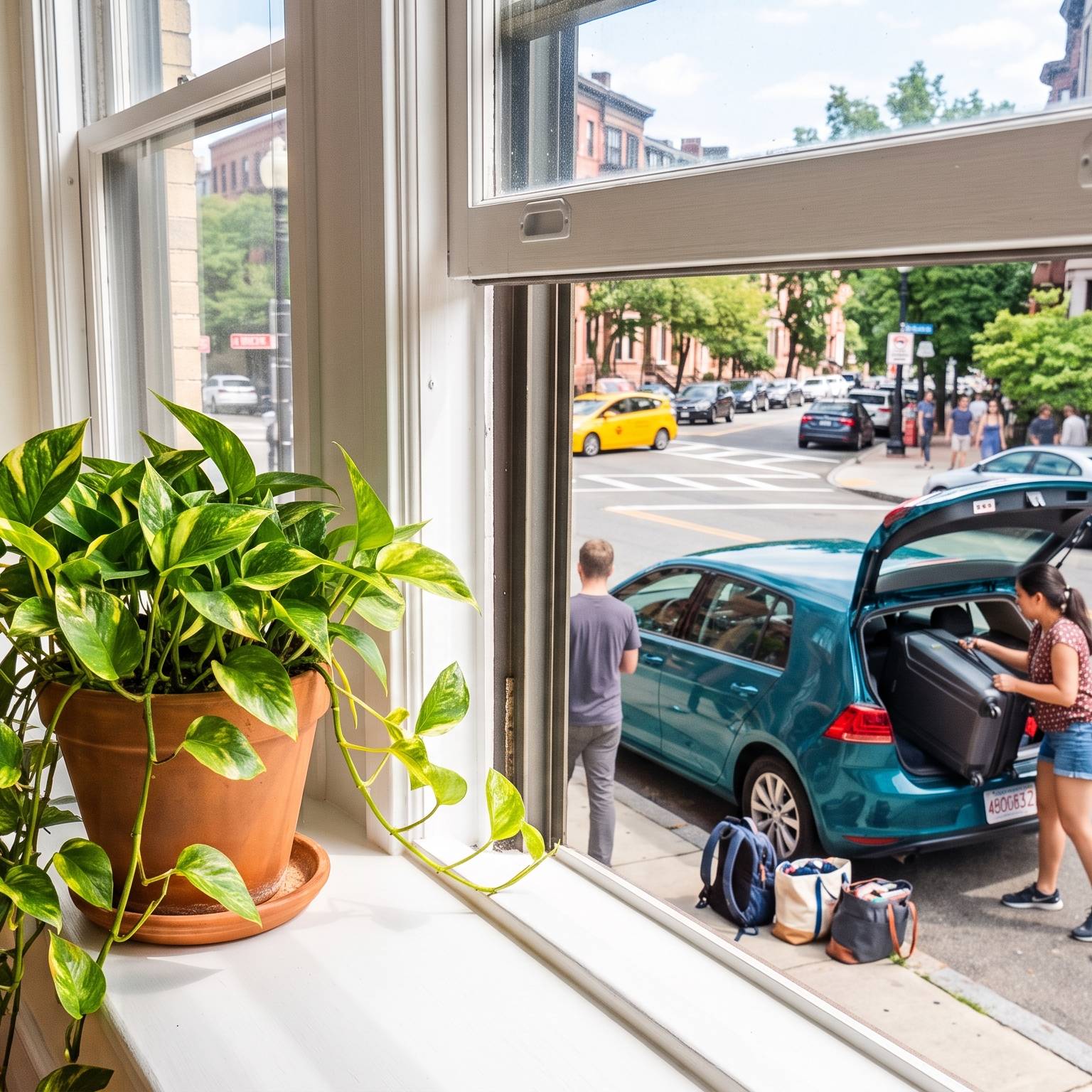 A pothos on a windowsill. Outside a woman loads suitcases into a car