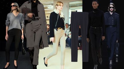 A collage of photos from the runway and IG showcasing ways to style cigarette pants.