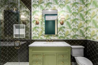 bathroom with jungle botanical wallpaper
