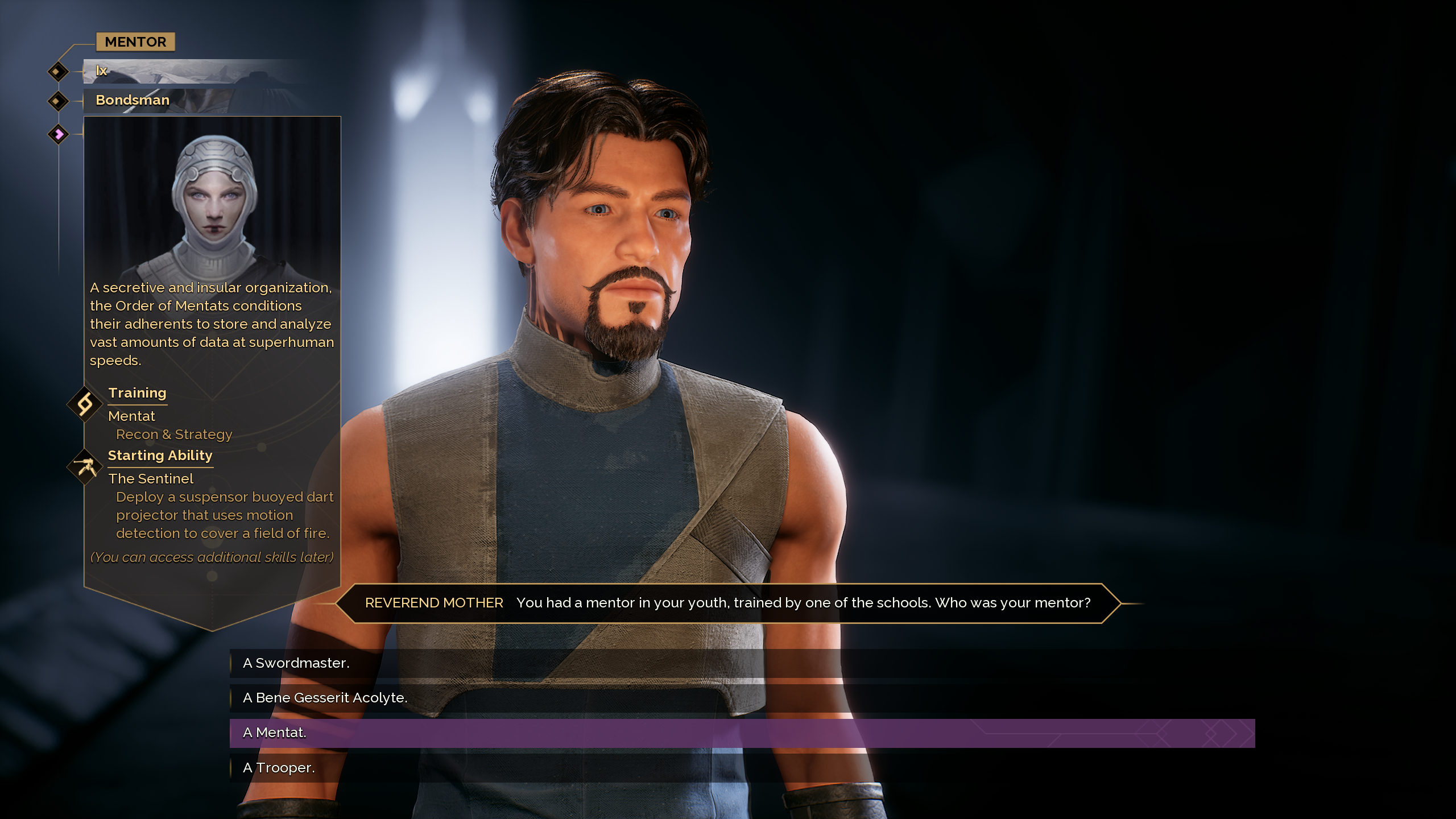 Best Dune: Awakening mentor - The mentor selection dialogue prompt during character creation.