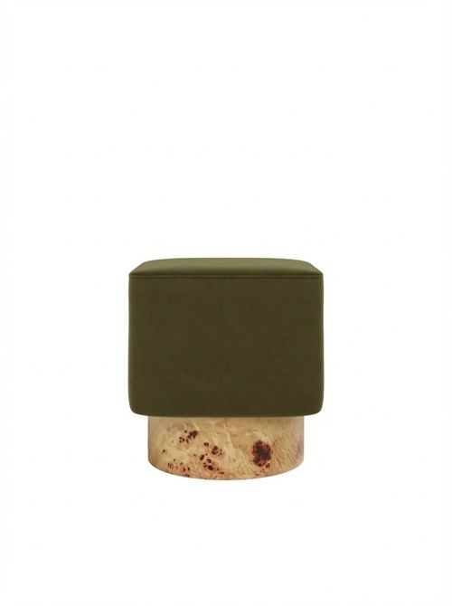 Bidbury Pouffe | Moss Green Sustainable Mohair Velvet & Burl Wood