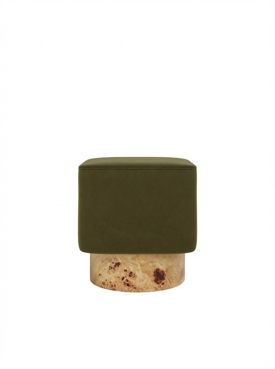 Bidbury Pouffe | Moss Green Sustainable Mohair Velvet & Burl Wood