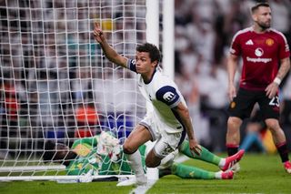Brennan Johnson celebrates scoring the goal which gave Tottenham victory over Manchester United in the Europa League final in Bilbao in May 2025.