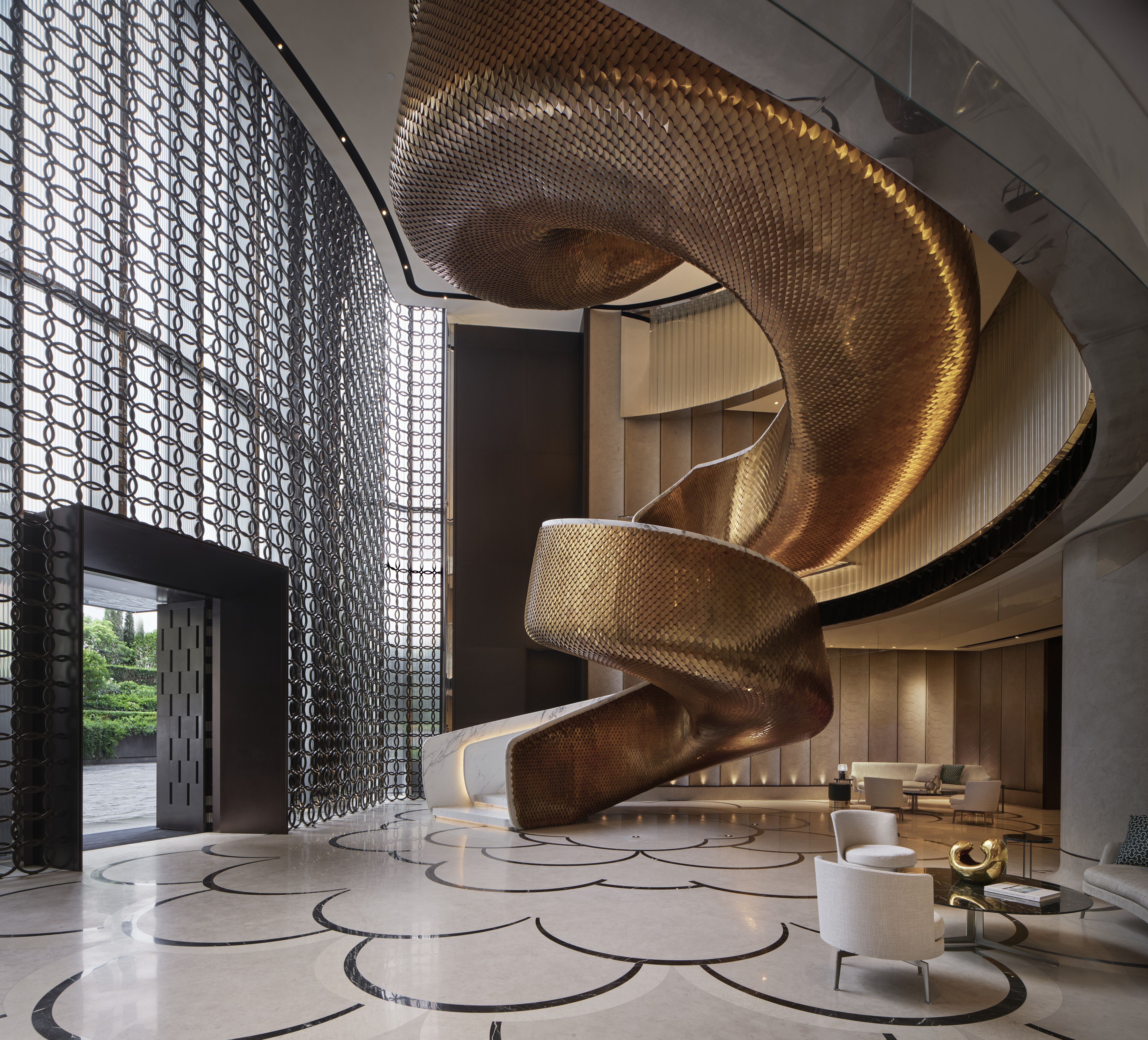 The Legacy, Hong Kong interiors, luxurious common spaces with lots of bronze and marbles