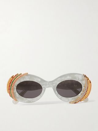 Oval-Frame Crystal-Embellished Gold-Tone and Acetate Sunglasses