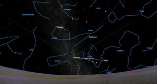An illustration of the night sky on the evening of Saturday, Oct. 21, showing the point in the sky from which the Orionid meteor shower will originate.