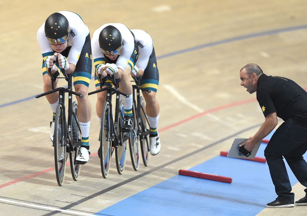 Australia's team competes during the team persuit at the UCI Track Cycling World Championships on February 27, 2019 in Pruszkow.