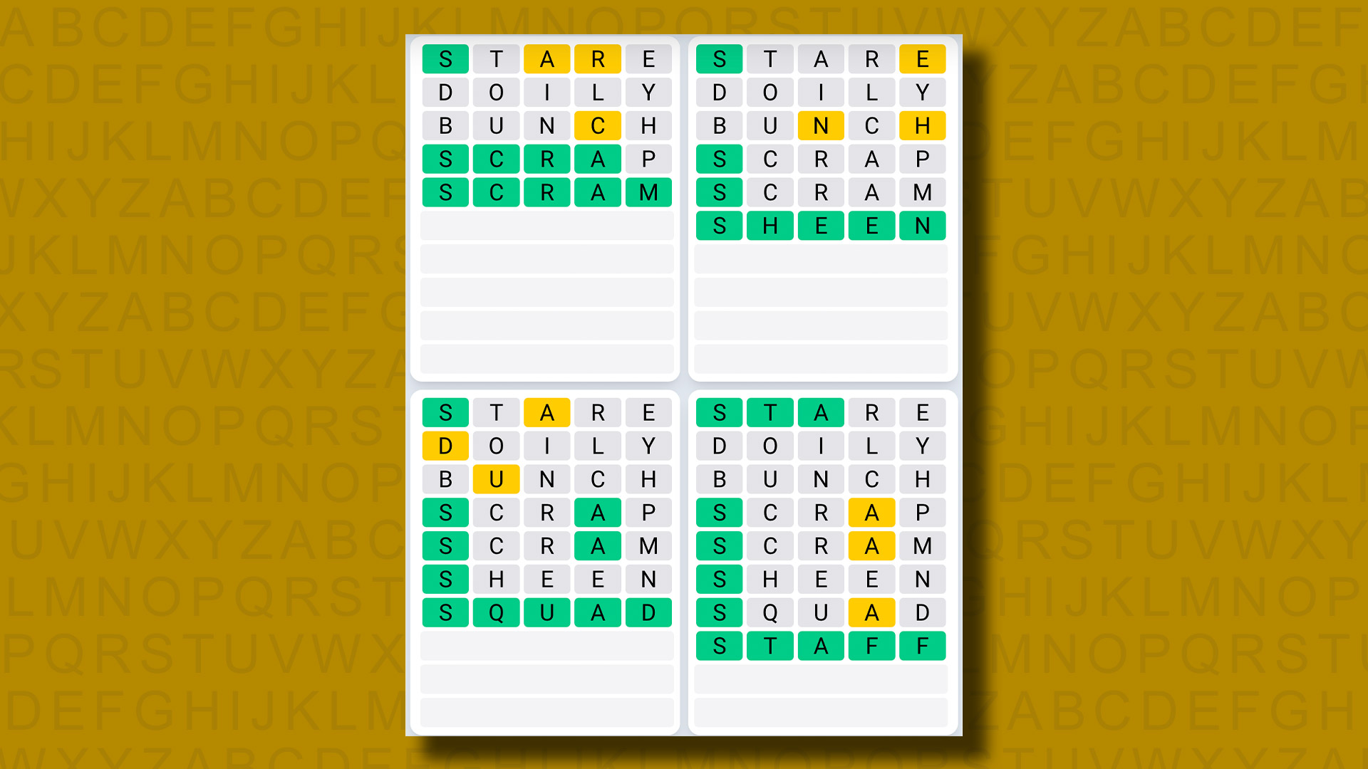 Respuestas del juego Quordle Daily Sequence para el juego 897 sobre un fondo amarillo
