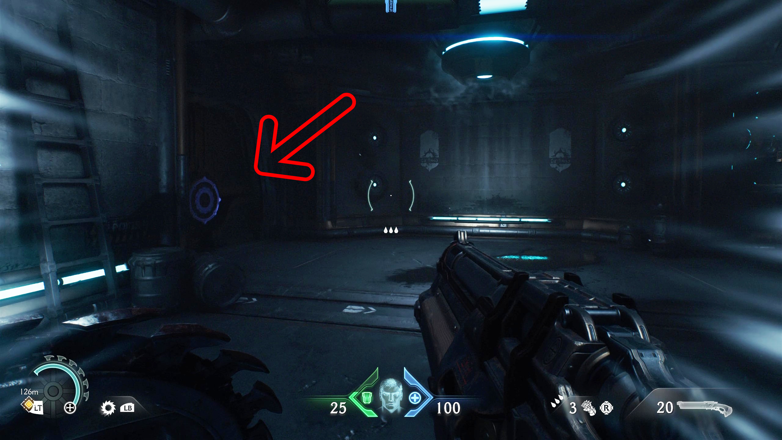 Doom: The Dark Ages Hebeth secrets - A barricade to the left of a hallway, protecting gold bars.