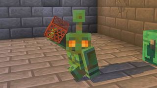 A copper golem holding a copper box in the Minecraft Copper Age update.