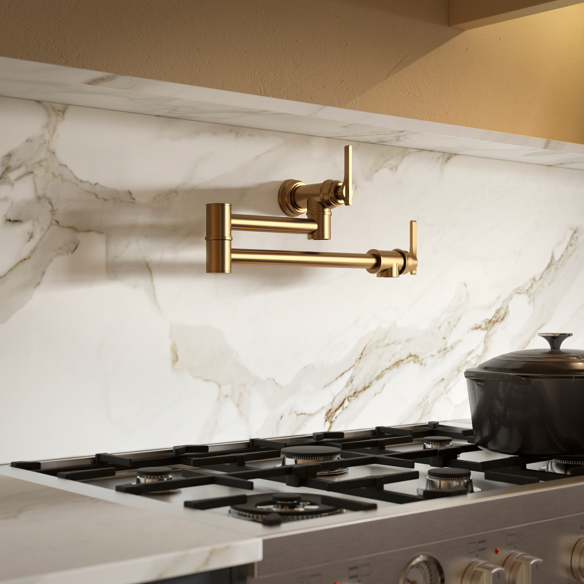 a brass pot filler tap above a cooker