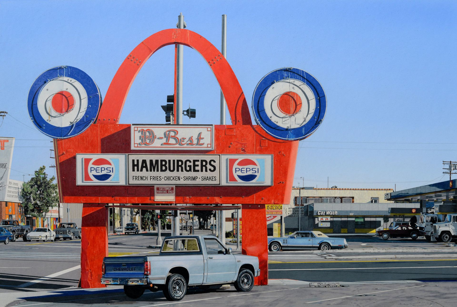 Photorealist drawing of burger sign and car