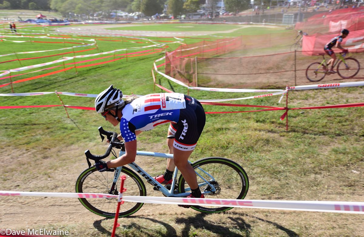 Katie Compton (Trek Factory Racing) descending in pursuit of Caroline Mani and Ellen Noble