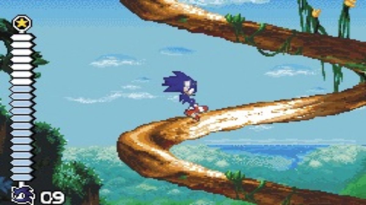 Sonic Rush running on the Nintendo DS shows Sonic sliding down a tree that spirals down