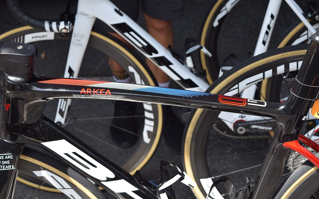 Barguil's bike features the French national colours on the top tube