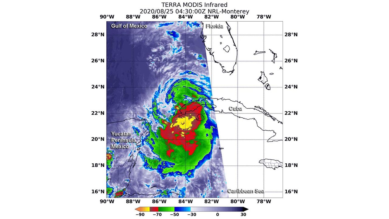 On Aug. 25 at 12:35 a.m. EDT (0435 GMT) the MODIS instrument that flies aboard NASA&rsquo;s Terra satellite revealed the most powerful thunderstorms (yellow) were around Laura&rsquo;s center where cloud top temperatures were as cold as minus 80 degrees Fahrenheit (minus 62.2 Celsius).