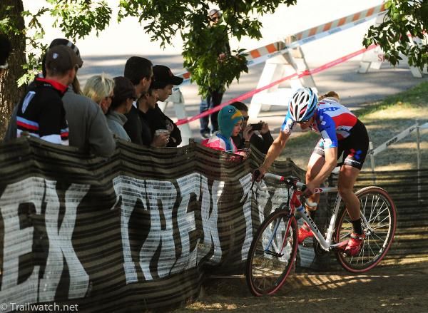 Katie Compton (Trek Cyclocross Collective) bunny-hopping some uphill stairs