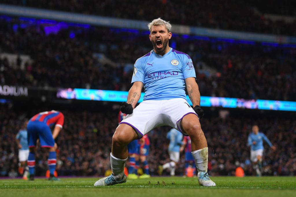 Sergio Aguero celebrates a goal for Manchester City.