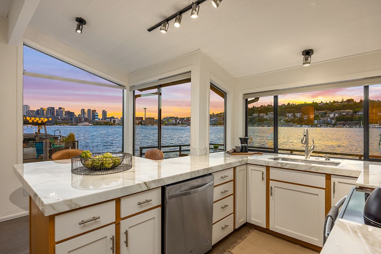 View of the water in Seattle from a kitchen