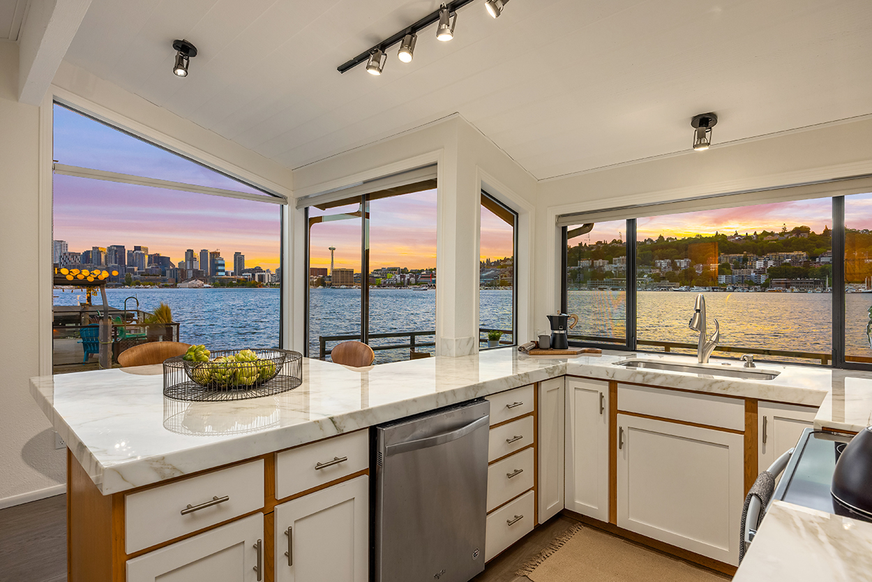 View of the water in Seattle from a kitchen