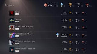 PS5 Trophies list showing multiple titles