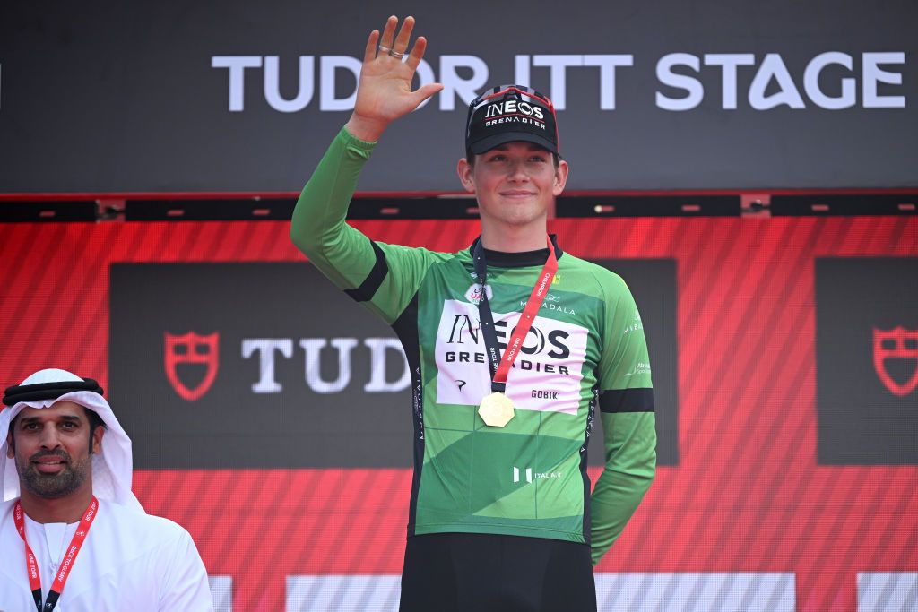 AL HUDAYRIYAT ISLAND ABU DHABI UNITED ARAB EMIRATES FEBRUARY 18 Joshua Tarling of The United Kingdom and Team INEOS Grenadiers celebrates at podium as Green Points Jersey winner during the 7th UAE Tour Stage 2 a 122km individual time trial stage from Al Hudayriyat Island to Al Hudayriyat Island UCIWWT on February 18 2025 in Abu Dhabi United Arab Emirates Photo by Dario BelingheriGetty Images