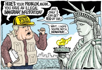 Political cartoon U.S. Trump pest control Statue of Liberty immigration policy