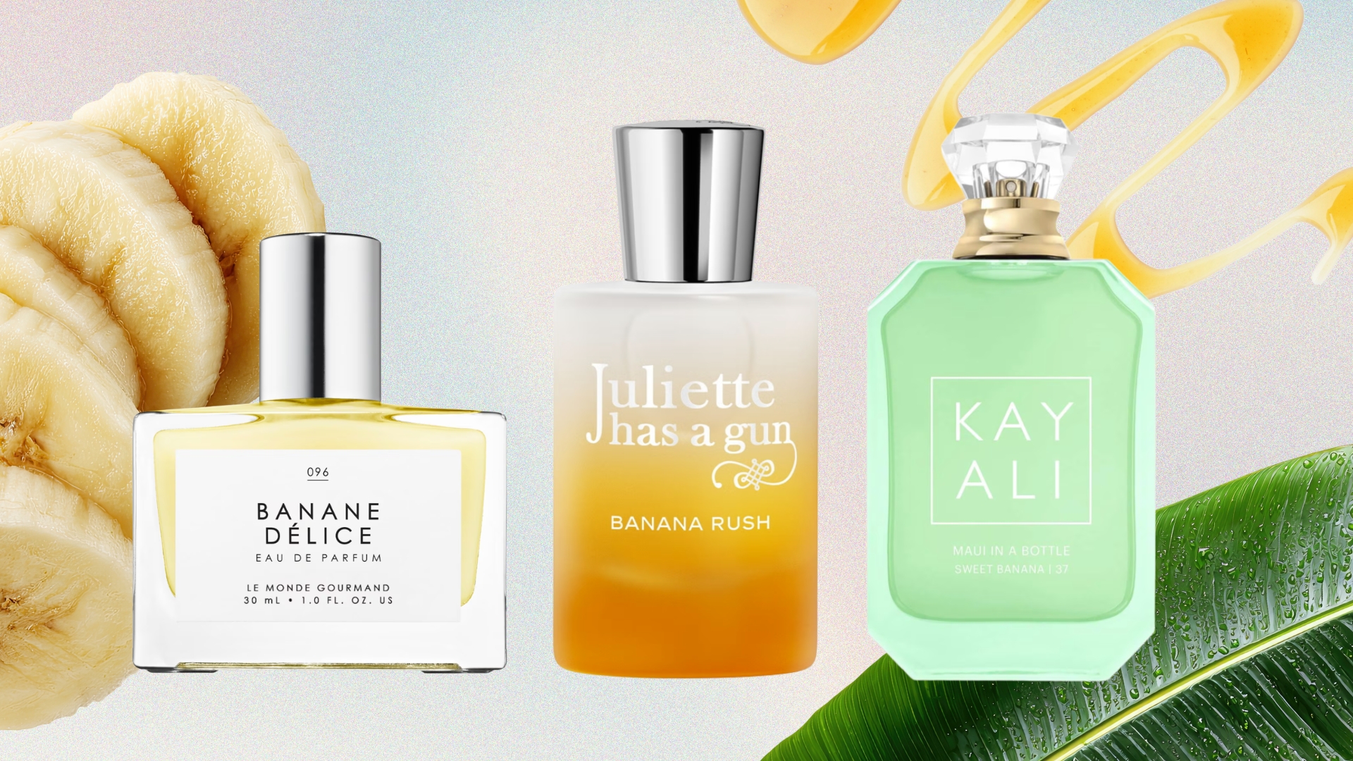A collage of banana perfumes featured in the trend roundup, including Kayali's Maui Sweet Banana 37, Juliette Has A Gun's Banana Rush and Le Monde Gourmand's Banane Delice perfume, all featured on a multi-coloured background with stock images of banana slices, banana leaf and syrup